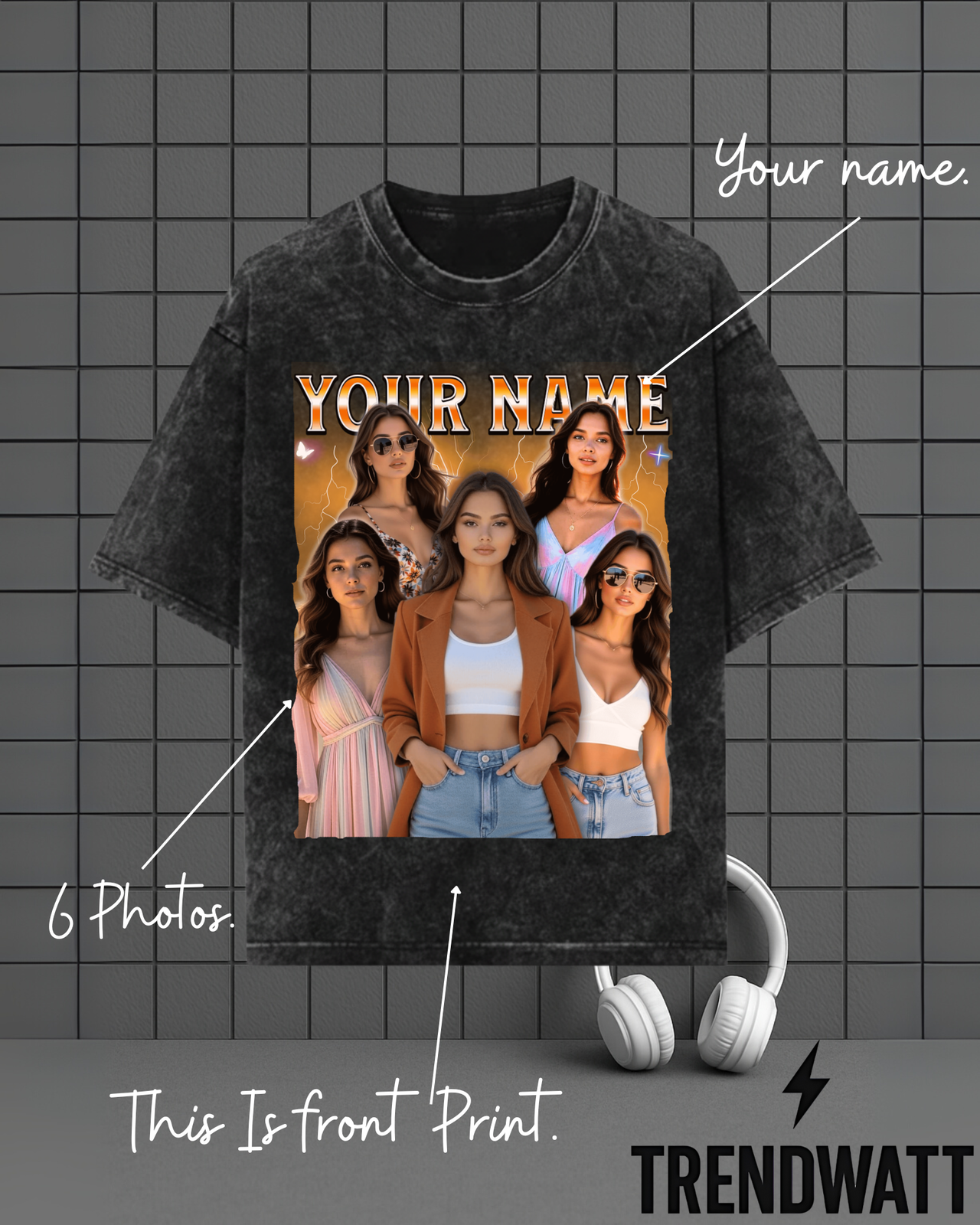 Custom Name & 6 Photos | Personalized Memory Acid Print T-Shirt