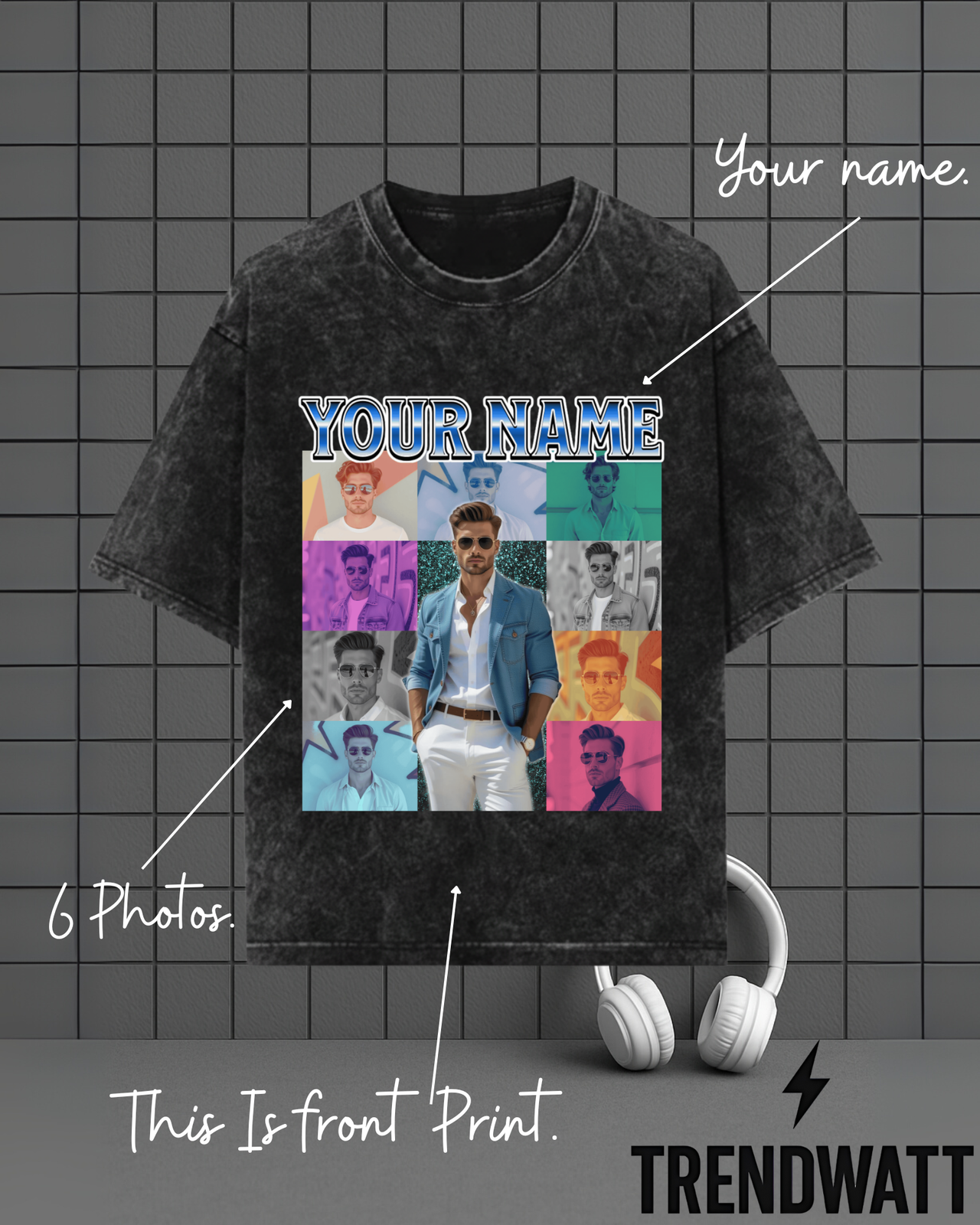 Custom Name & 6 Photos | Personalized Acid Print T-Shirt