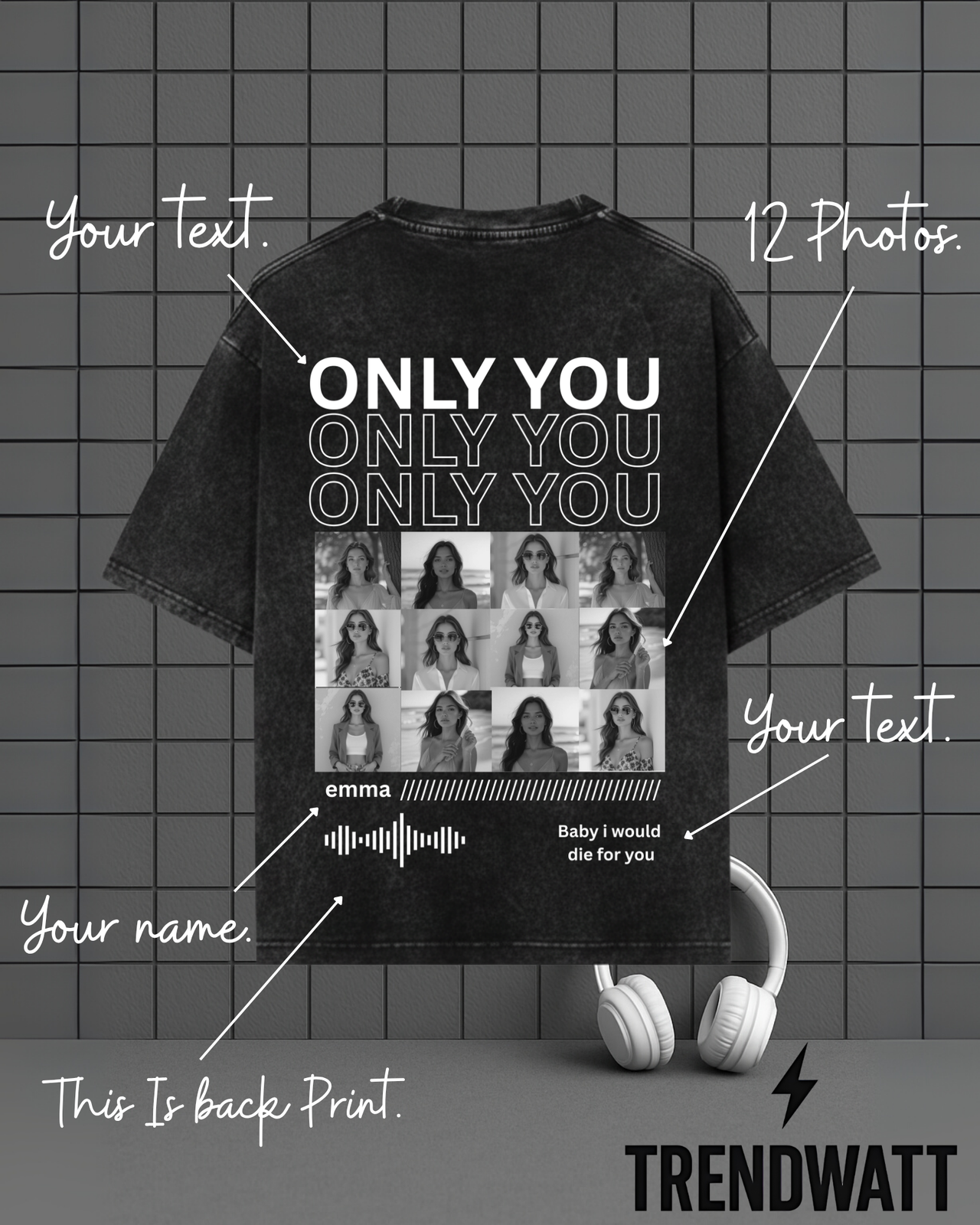 Custom 12 Photos & Text | Personalized Acid Wash T-Shirt